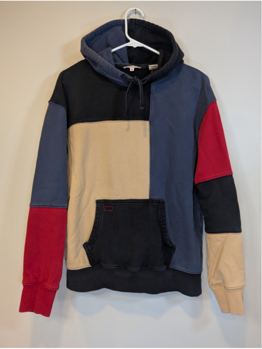 Levis Red Colorblock Patchwork Hoodie Sweatshirt Multi Color Stitch Small